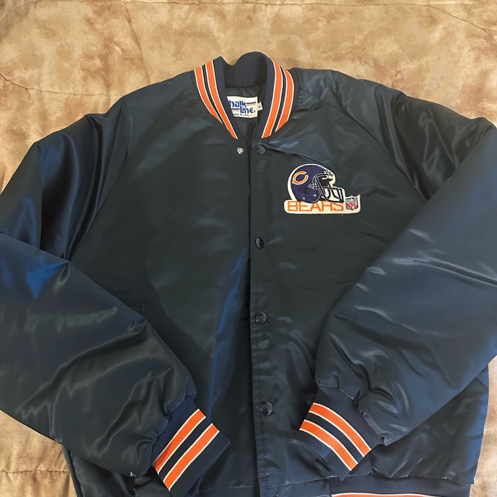 Vintage Chicago Bears NFL Men's Navy Blue Bomber Jacket with Orange Accents